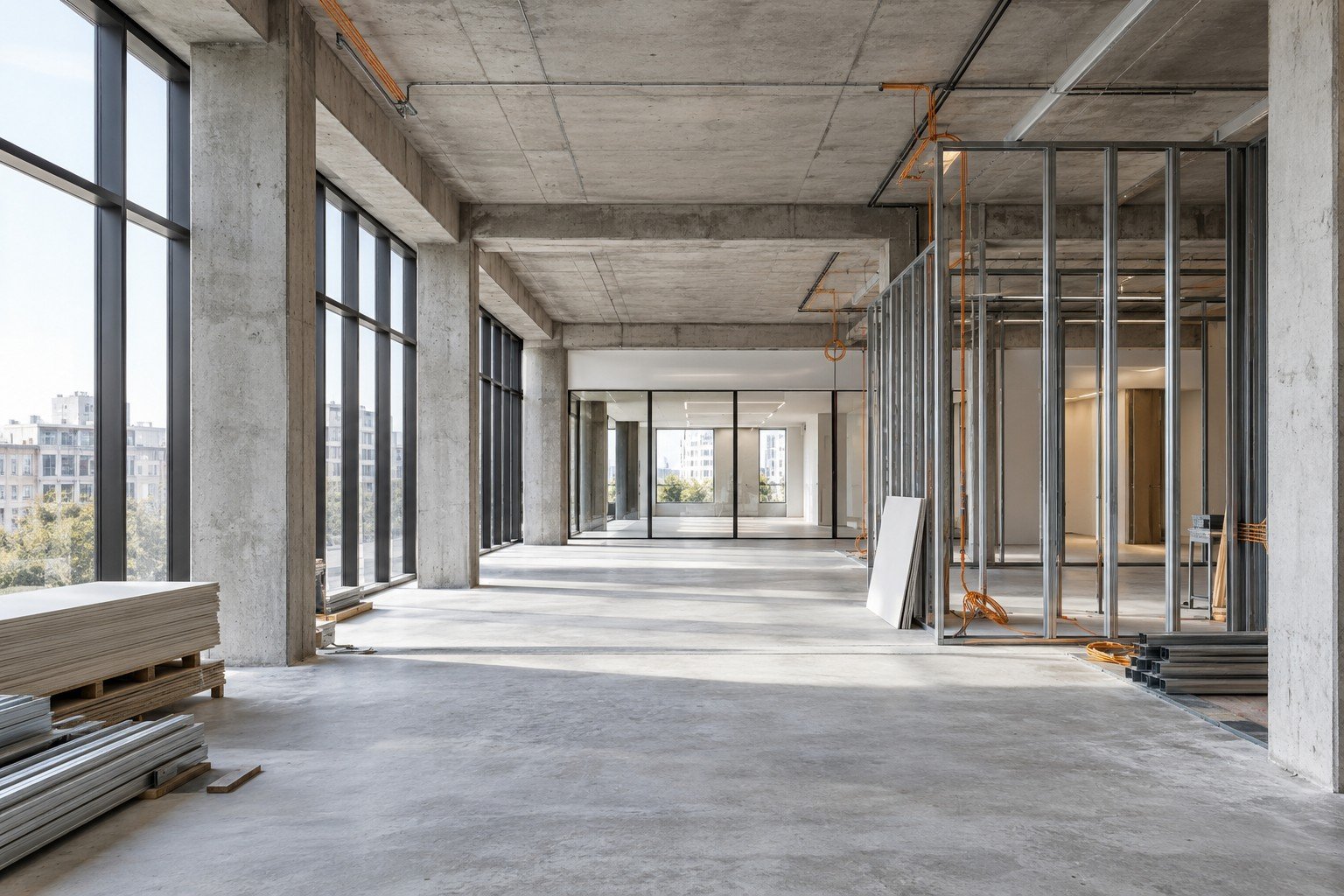 Plateau de bureaux en cours d'aménagement — structure béton apparente, cloisons en ossature métallique, réseaux techniques et matériaux de chantier