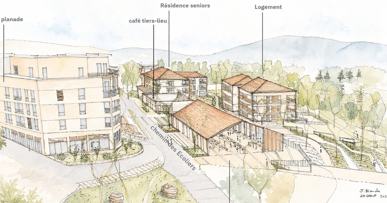 Perspective illustrée du projet de Dardilly : résidence seniors, café tiers-lieu, logements, esplanade et « chemin des écoliers », commerces en rez-de-chaussée