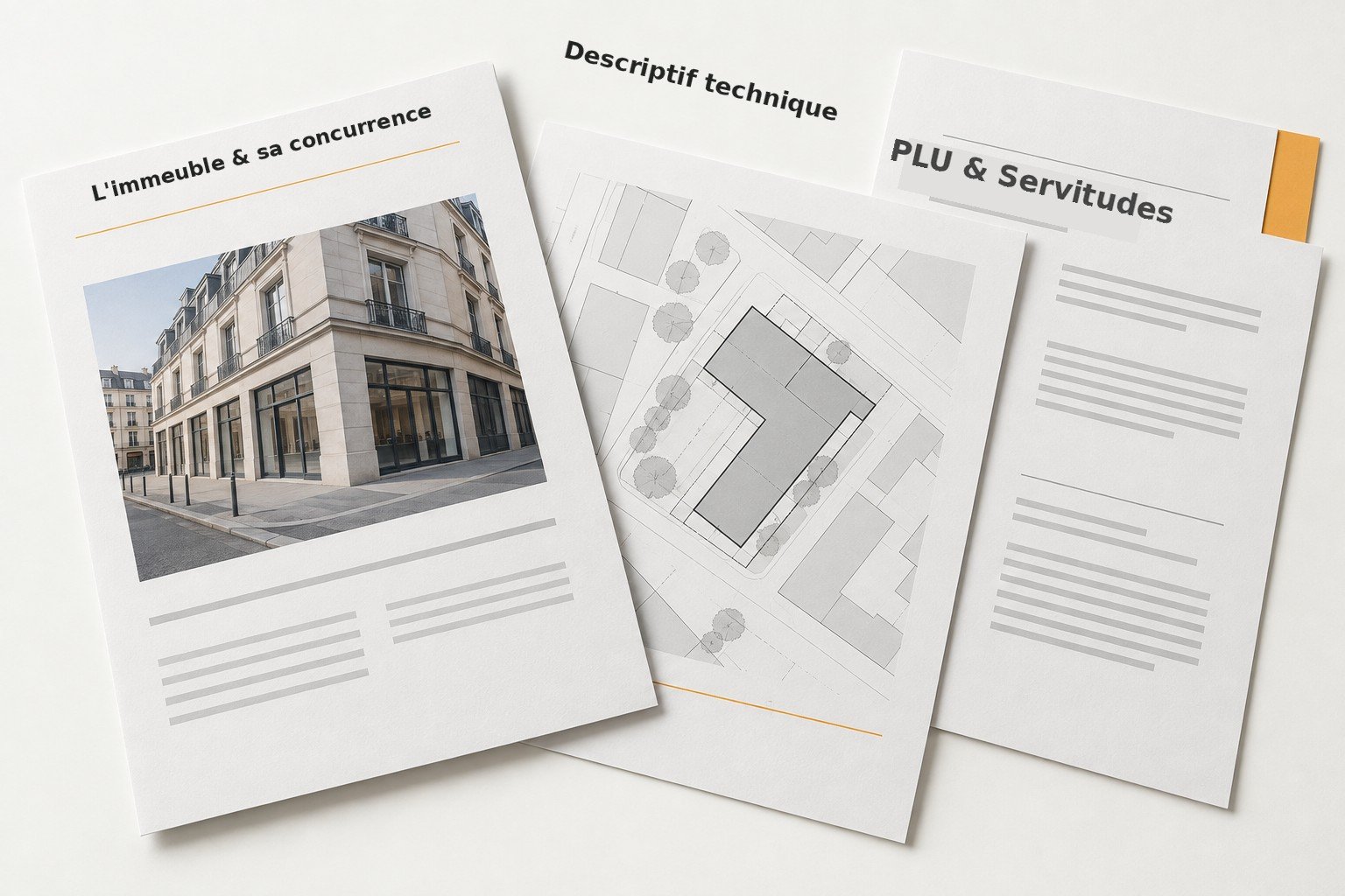 Façade d'un immeuble, plan de masse et page de dossier — matières de travail types pour cadrer un actif