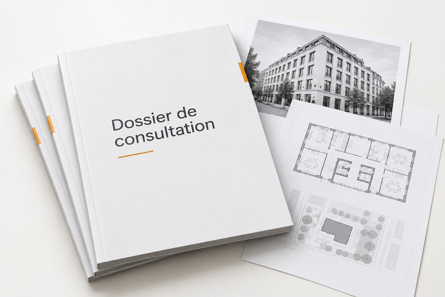 Pile d'exemplaires d'un « Dossier de consultation », accompagnés d'une photographie de bâtiment et de planches de plans — gabarit anonymisé