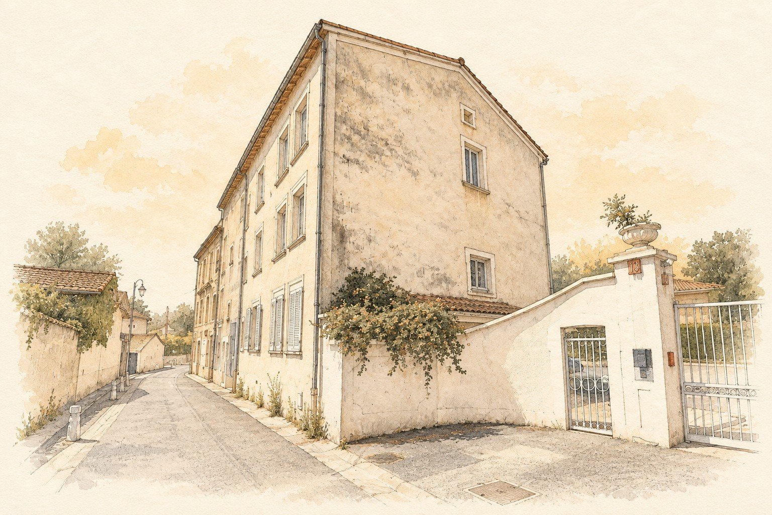 Illustration à l’aquarelle d’un immeuble d’habitation de Lyon 9e