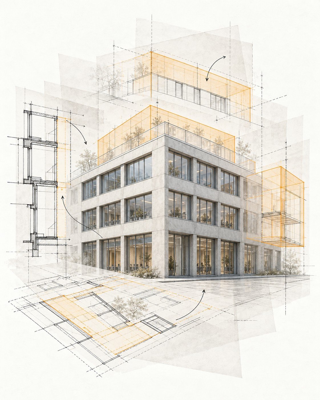 Élévation d'un bâtiment avec calques techniques superposés — plan de masse, coupe de détail de façade et volumes d'extension annotés.