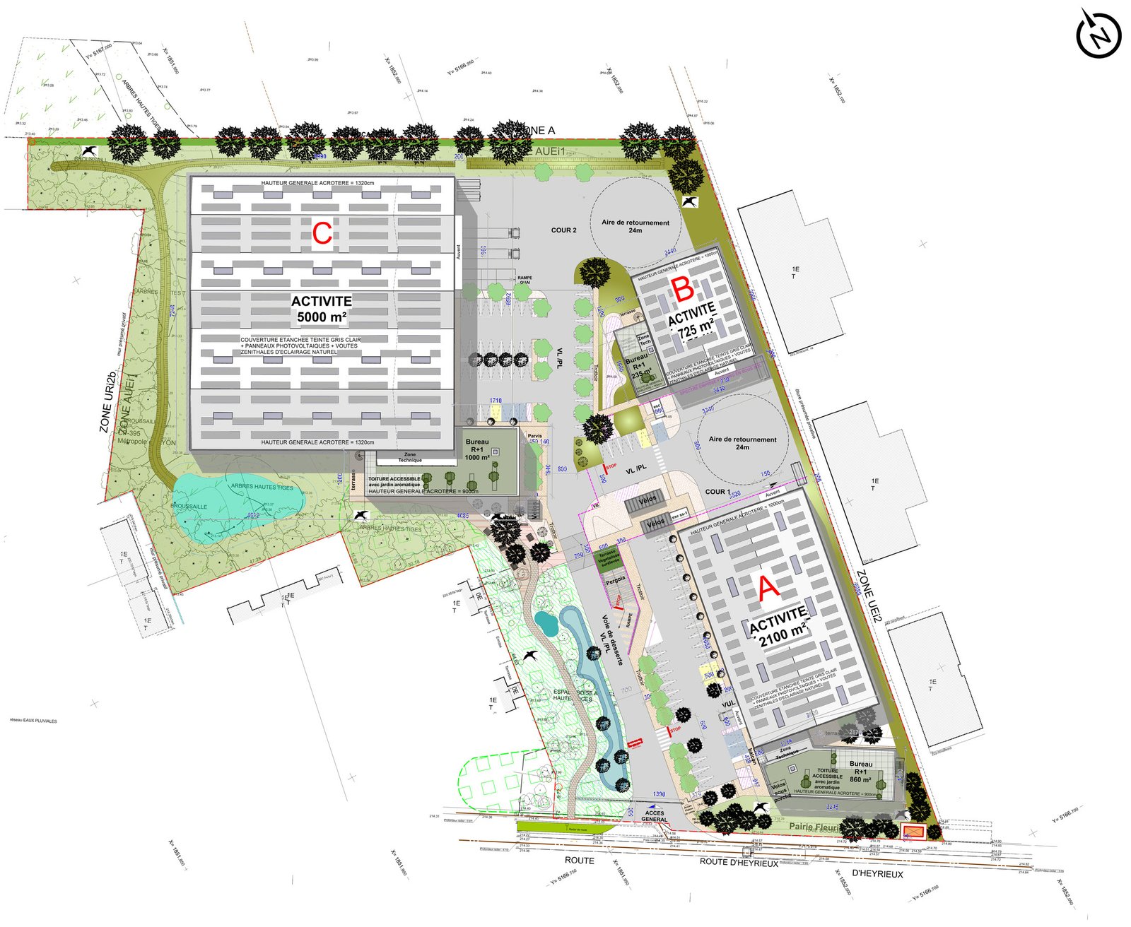 Plan masse paysager de l'opération Route d'Heyrieux, panneaux photovoltaïques grisés