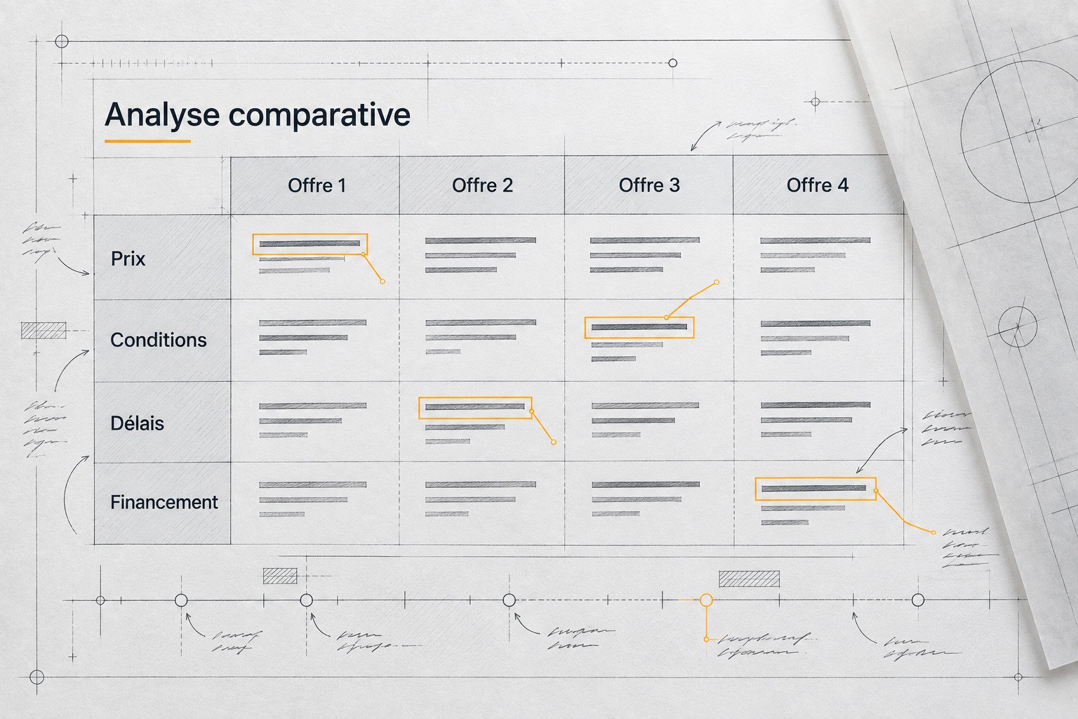Matrice comparative d'offres, critères prix, conditions, délais et financement annotés