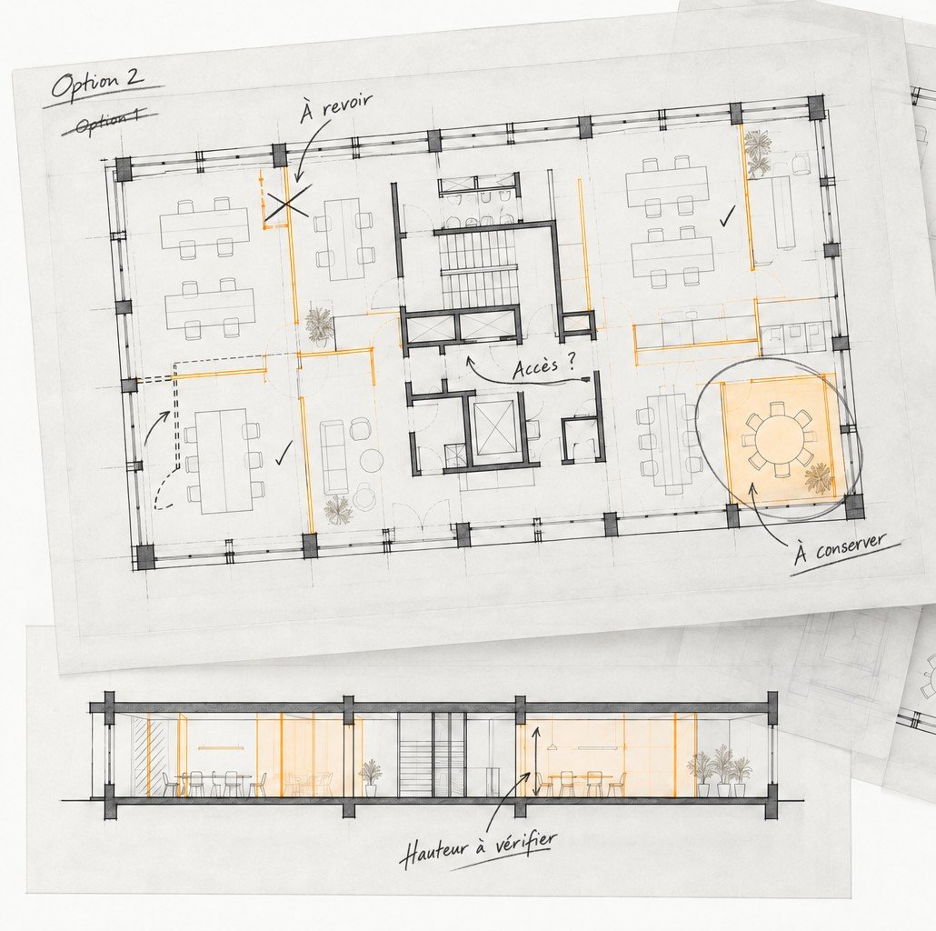 Plans d'aménagement annotés à la main : option 2 retenue, option 1 barrée, zone à revoir, espace à conserver entouré, hauteur à vérifier sur la coupe