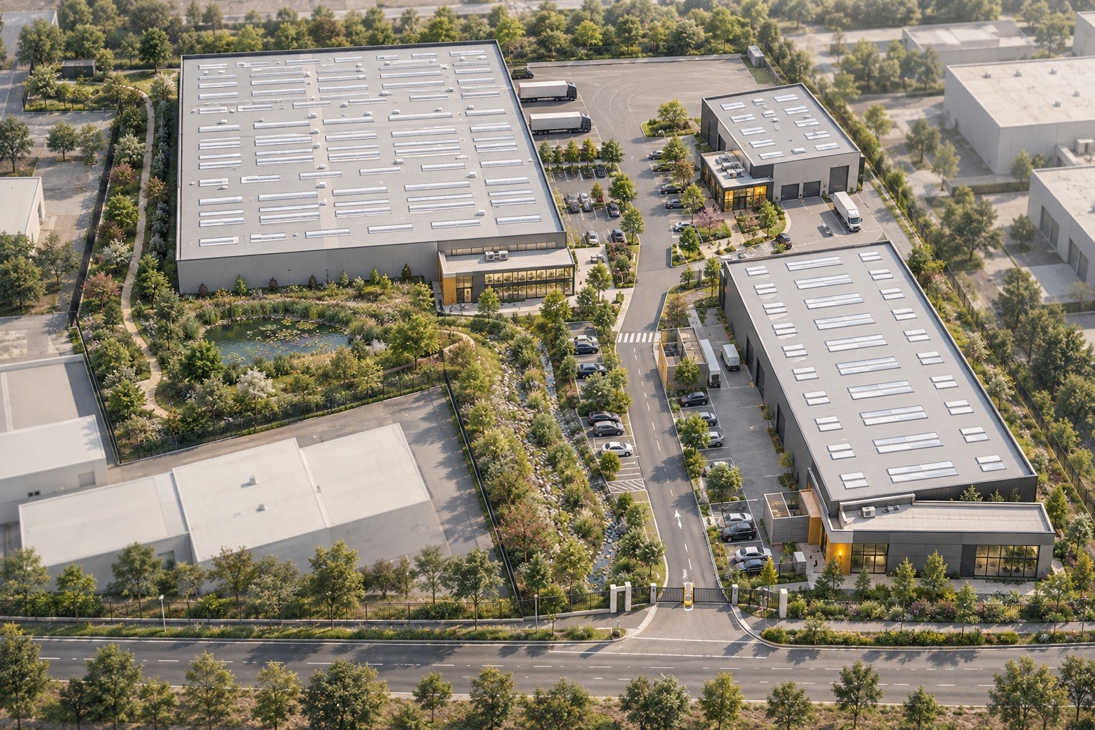 Vue aérienne illustrative d'un parc d'activités, bâtiments logistiques et tertiaires, espaces paysagers