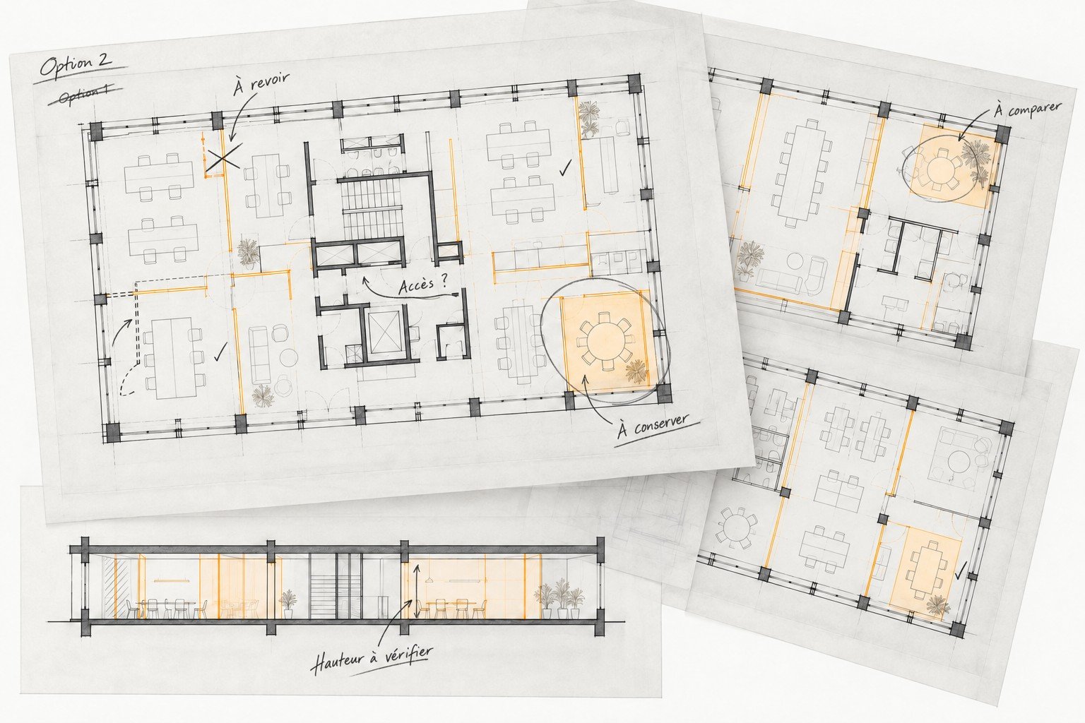 Plans d'aménagement et coupe d'un même plateau, plusieurs configurations d'agencement comparées, annotations techniques