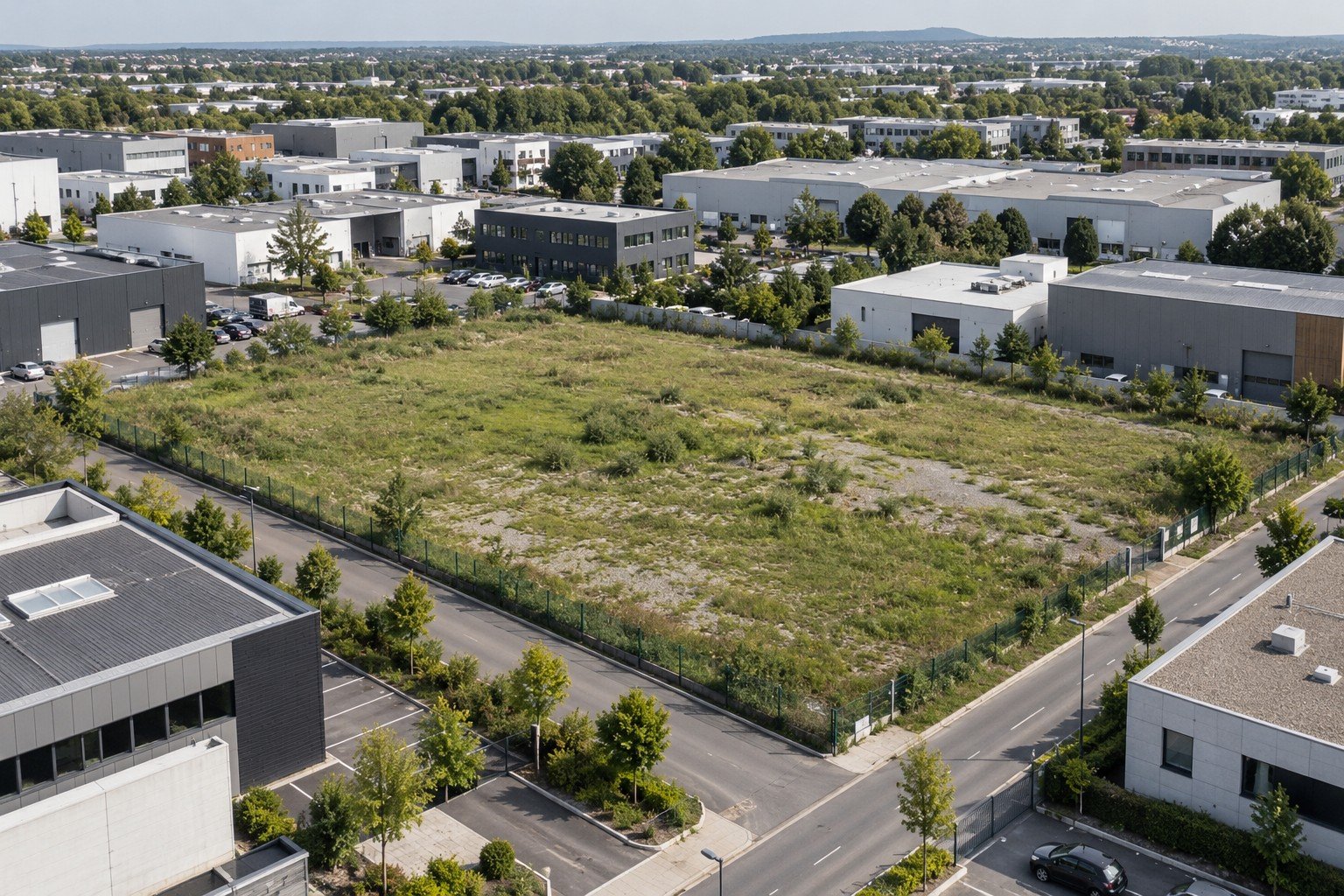 Vue aérienne d'un terrain clos et enherbé, en zone d'activités, entouré d'entrepôts et de bureaux